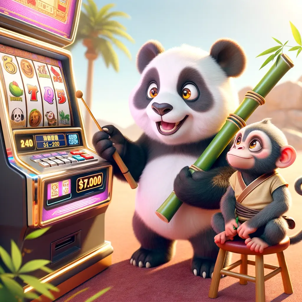 Панда учит новичка играть в новый игровой автомат Big Bamboo
