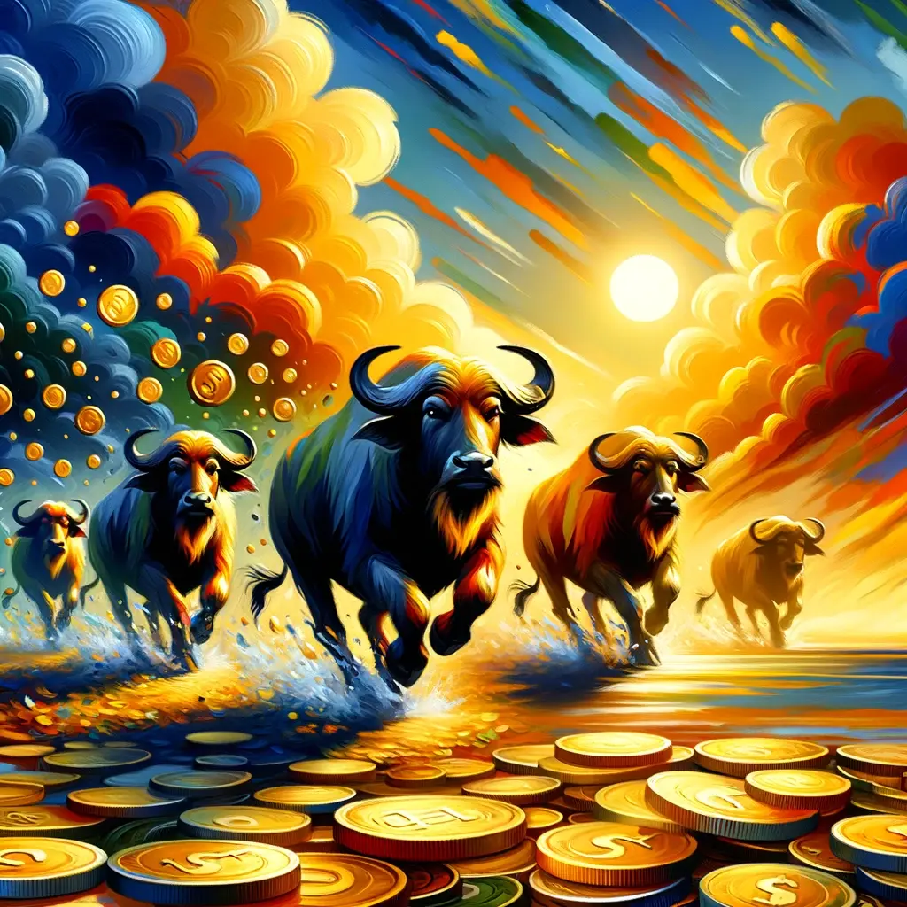 Стадо буйволов бежит по гигантскому выигрышу с игрового аппарата Big Wild Buffalo