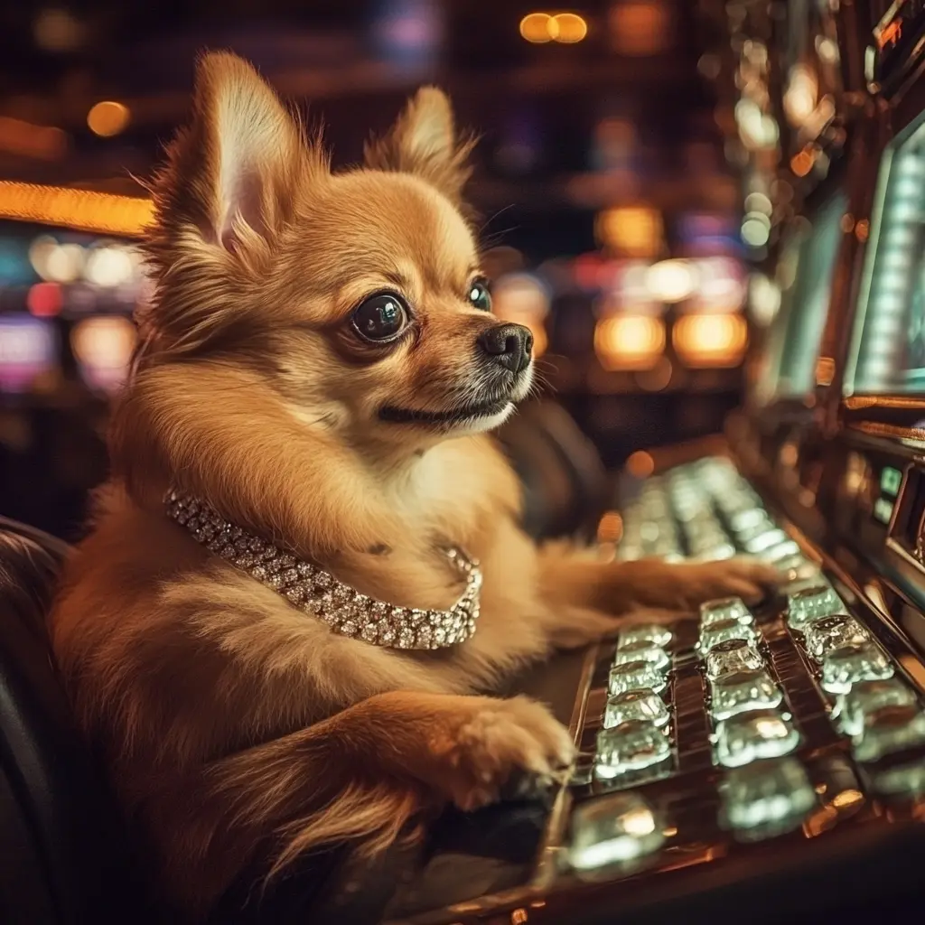 Собака в бриллиантах играет в автомат Diamond Doggies на деньги